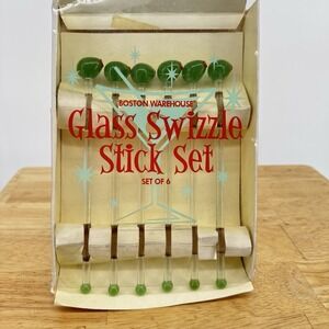 Boston Warehouse 2001 Retro MCM Glass Swizzle Sticks Olives Set Of 6, 8"